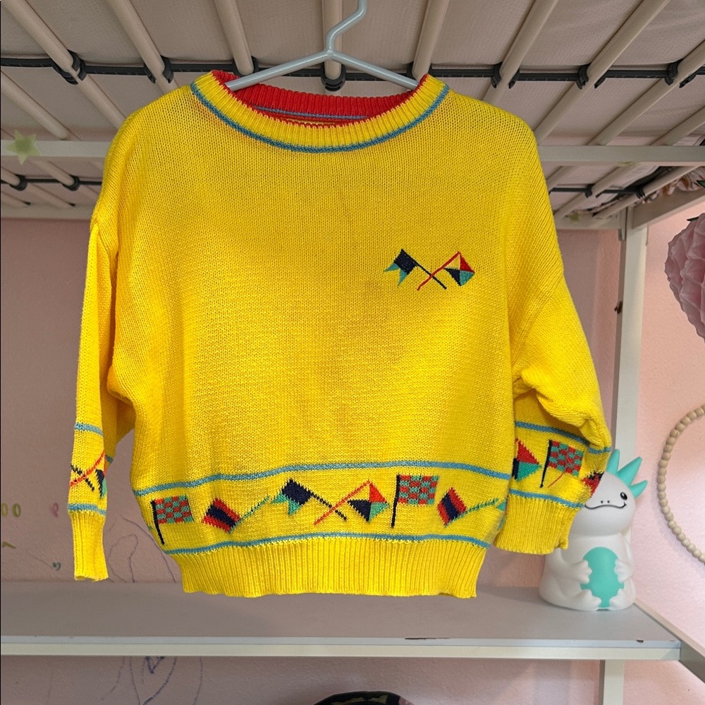 Vintage Yellow Benetton Sweater with Flag Pattern